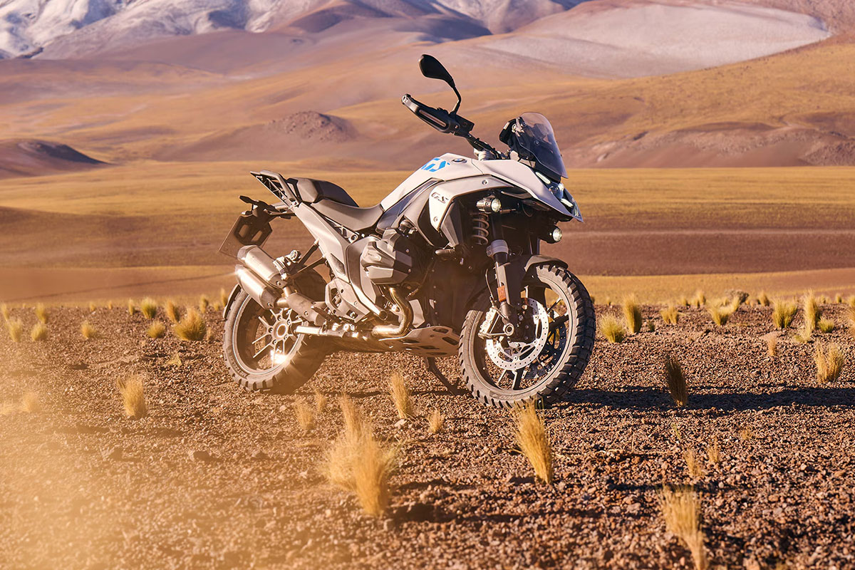 A BMW R 1300 GS Adventure standing on a road in Riverside, CA.